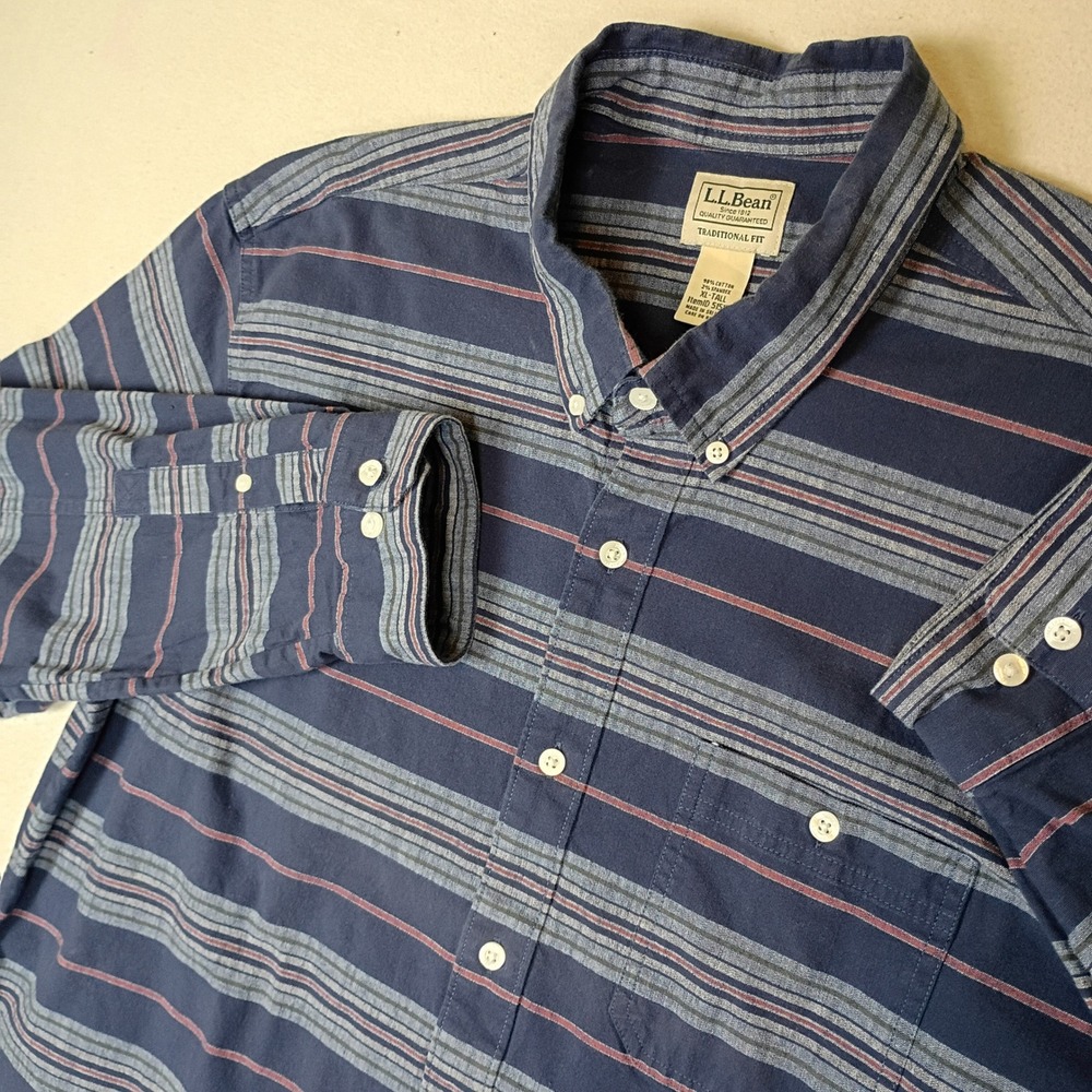 LL Bean Mens XL-Tall Traditional Fit Navy Blue Striped Button Down Shirt
